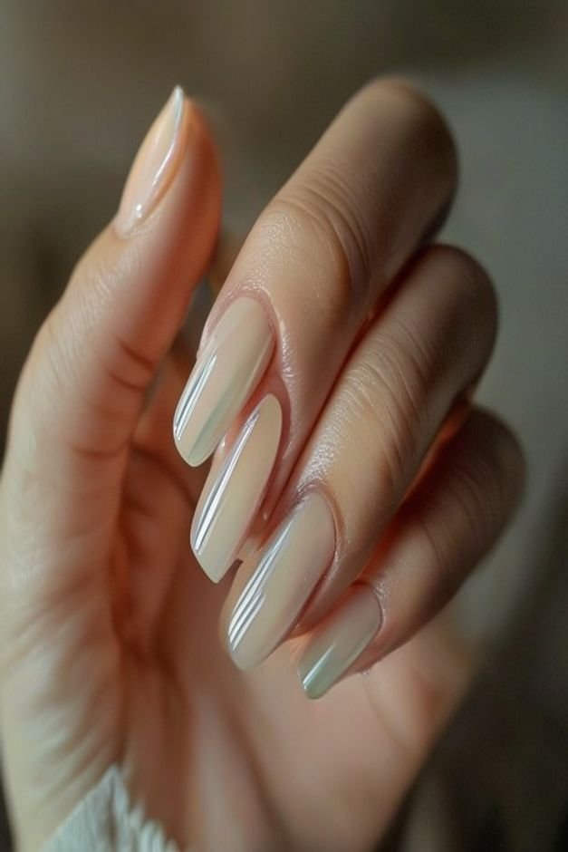 Close-up slightly elevated shot of a hand light skin tone clean nails carefully applying a contrasting stripe of light b