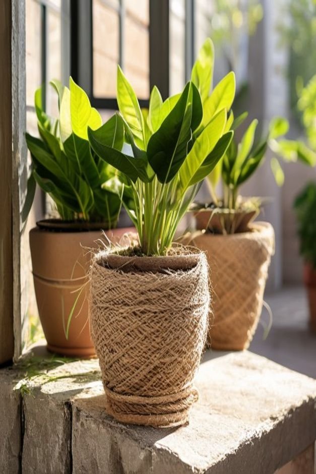 A styled shot of three different plant pots on a sunny patio ledge One pot is wrapped entirely in natural jute twine ano