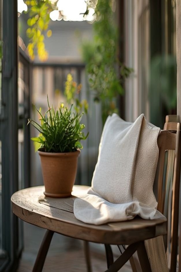 A beautifully arranged vignette on a small wooden patio table A plant pot is covered with a custom-fit fabric sleeve fea