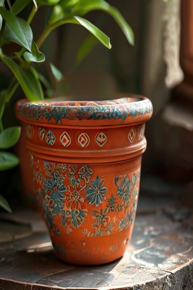 A close-up slightly angled shot of a terracotta pot adorned with an intricate decoupage design using patterned paper nap