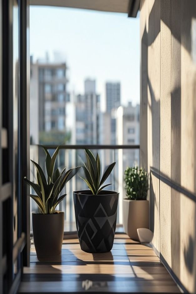 A clean bright shot of a modern apartment balcony Two medium-sized pots one with a bold black geometric stencil on a whi