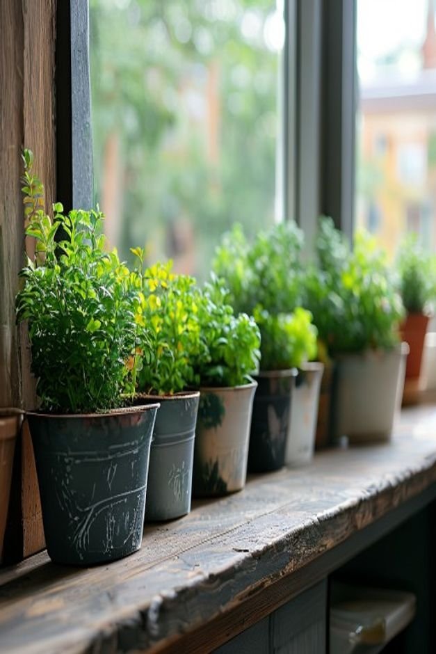 An eye-level shot of a row of small herb pots on a kitchen windowsill each with a section painted with chalkboard paint
