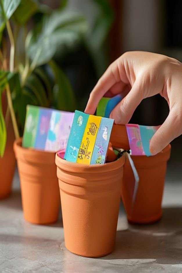 A playful brightly lit shot of several small plain terracotta pots being decorated with colorful washi tape A hand light