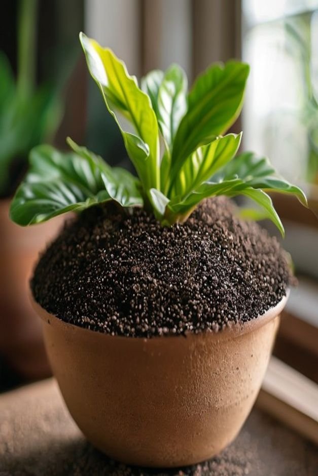 A close-up shot of a potted plant with a beautifully styled top dressing The soil is covered with a layer of smooth rive