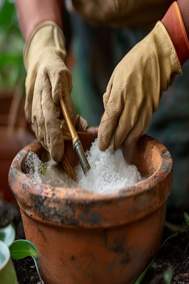 Close-up editorial shot of a pair of hands wearing gardening gloves scrubbing a terracotta pot with a brush and soapy wa