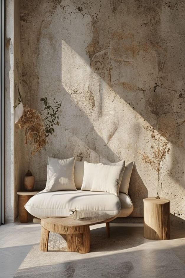 Editorial home photo for Faux Stone and Concrete Textures, natural light, realistic styling, no text overlay