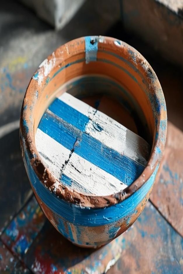 Overhead shot of a terracotta pot being painted with blue and white stripes Painter s tape is clearly visible creating s
