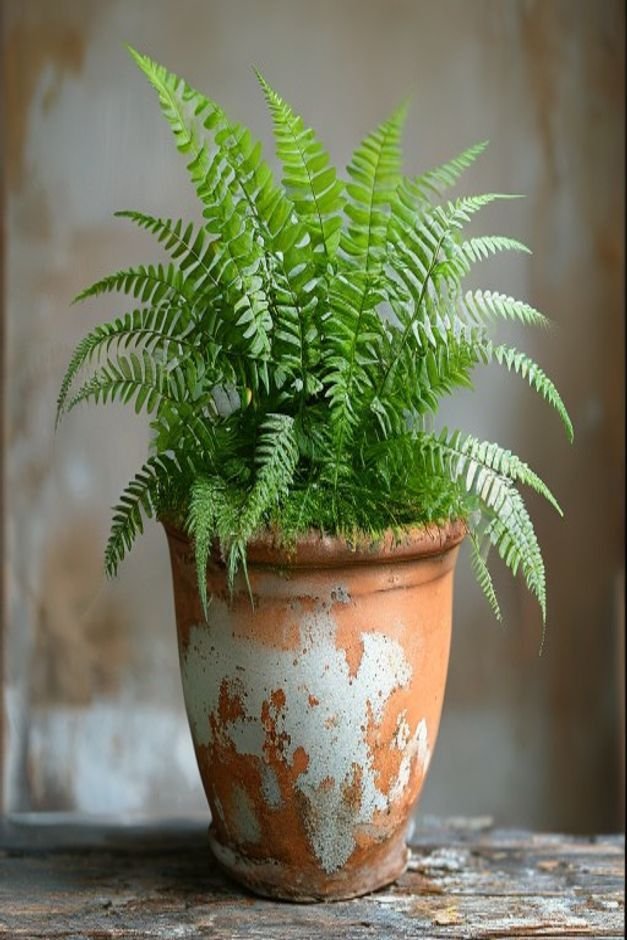 A beautifully distressed terracotta pot with a white wash finish holding a lush green fern The pot sits on a weathered w