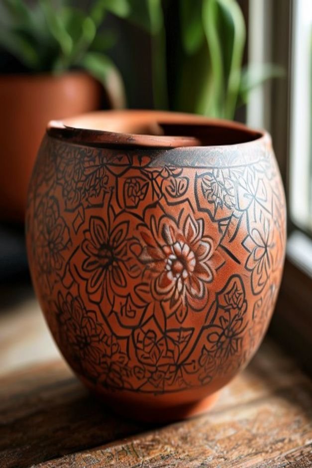 A close-up slightly elevated shot of a terracotta pot with a partially stenciled intricate floral or mandala pattern in