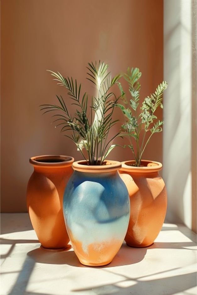 An editorial image of three terracotta pots arranged in a cluster each showcasing a different soft ombre effect e g blue