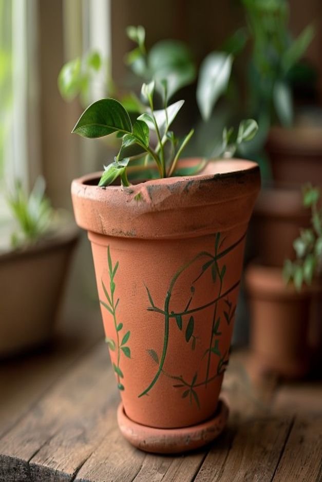 A close-up shot focusing on a terracotta pot with a simple hand-painted green vine design wrapping around it A delicate