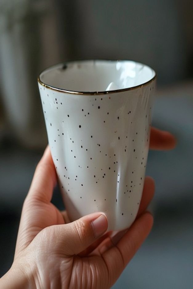 A close-up slightly angled shot of a white ceramic pot with delicate black and gold speckles A hand holding an old tooth