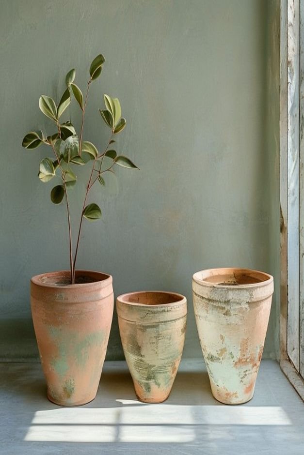 An editorial shot of a trio of terracotta pots painted in muted chalk-style colors e g sage green dusty blue cream artfu