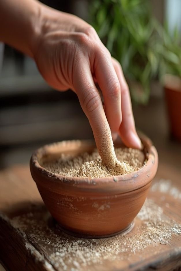 Close-up of a hand gently sanding the surface of a terracotta pot with fine-grit sandpaper revealing a smooth prepared s