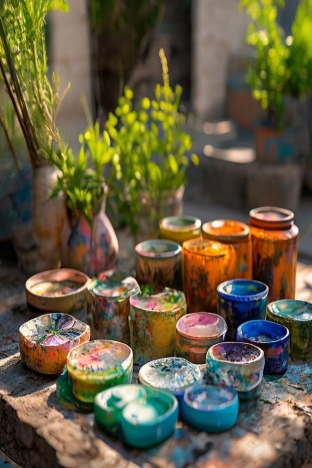 A collection of outdoor-specific acrylic paints in various vibrant and earthy tones neatly arranged next to a clean prim