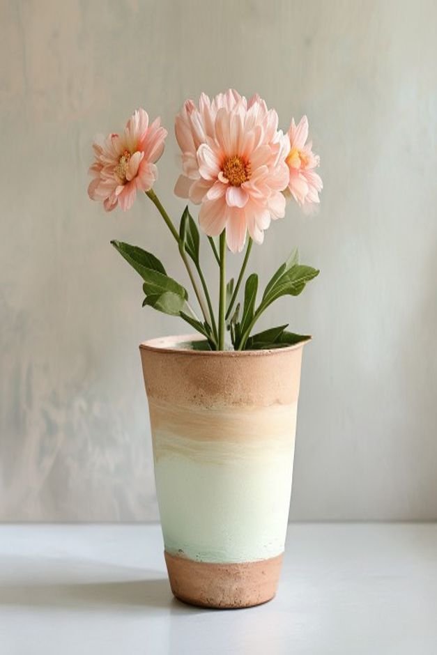 A partially painted flower pot showing distinct layers a solid base coat in a light color with a contrasting slightly da
