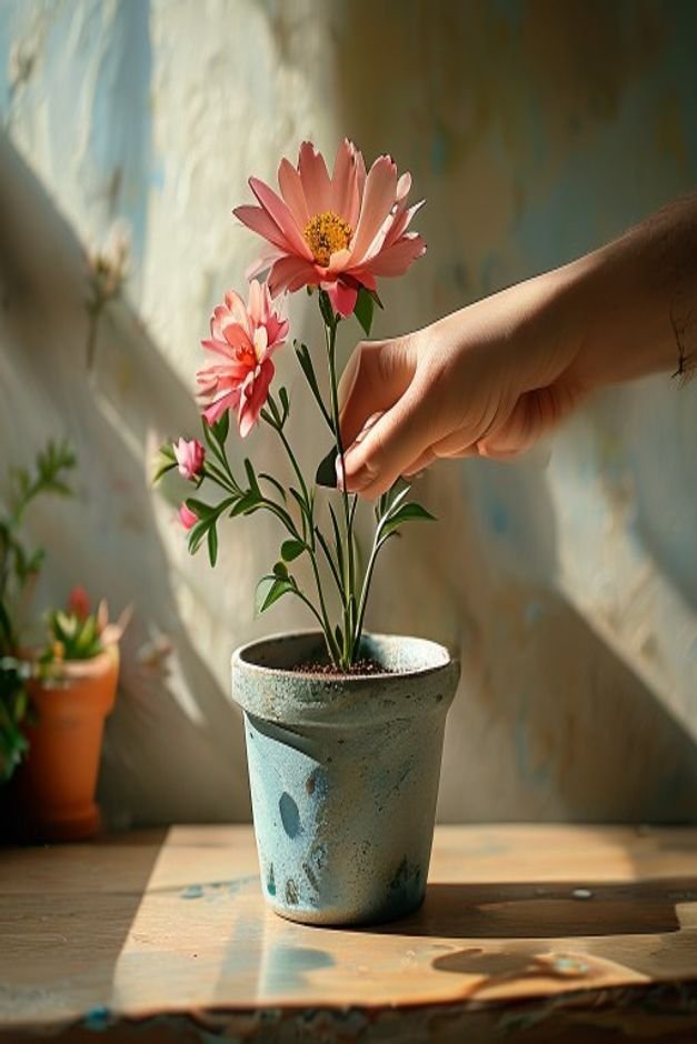 A hand holding a small intricate stencil against a freshly painted flower pot ready to apply a contrasting color The pot