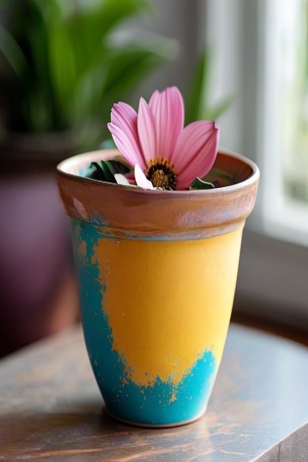 A close-up of the rim of a painted flower pot showcasing a perfectly clean crisp line where two colors meet One color is