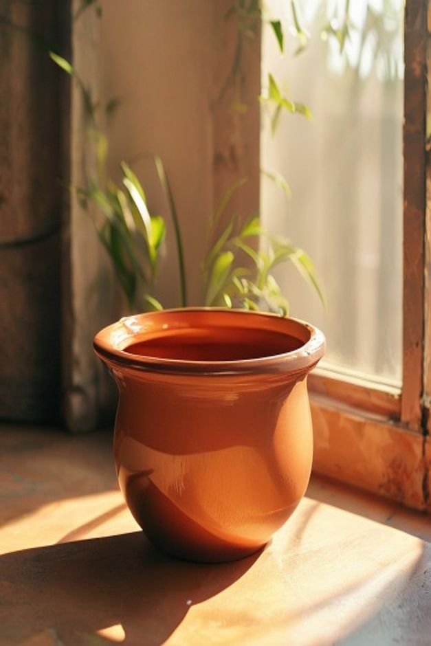 A freshly painted terracotta pot with a rich glossy sealant finish reflecting the sunlight subtly The pot is empty sitti