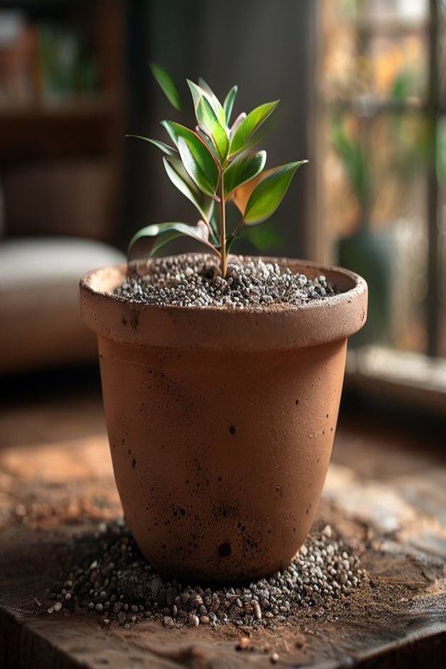 A sturdy well-draining terracotta pot with a visible drainage hole at its base surrounded by a small layer of gravel The