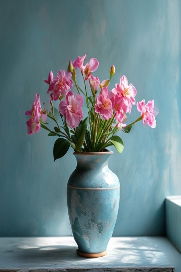 A beautifully painted flower pot in a muted blue-grey holding a vibrant healthy plant with delicate pink flowers The pla