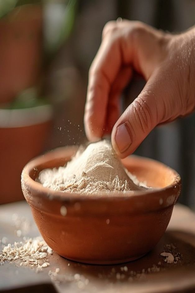 Close-up of a hand gently sanding the surface of a terracotta pot with fine-grit sandpaper revealing a smooth prepared s