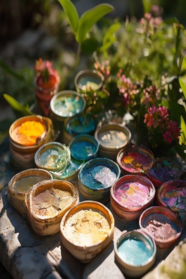 A collection of outdoor-specific acrylic paints in various vibrant and earthy tones neatly arranged next to a clean prim
