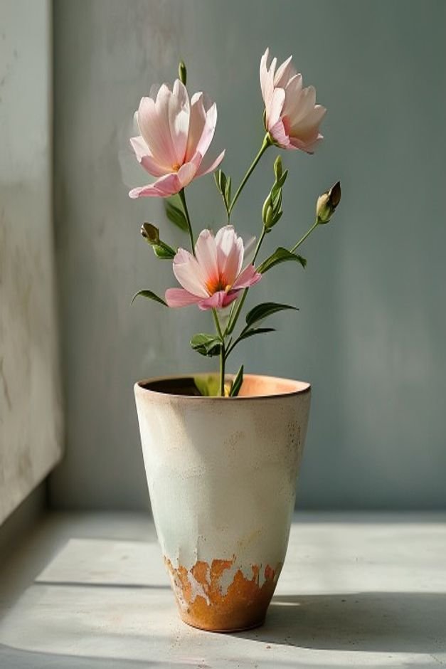 A partially painted flower pot showing distinct layers a solid base coat in a light color with a contrasting slightly da