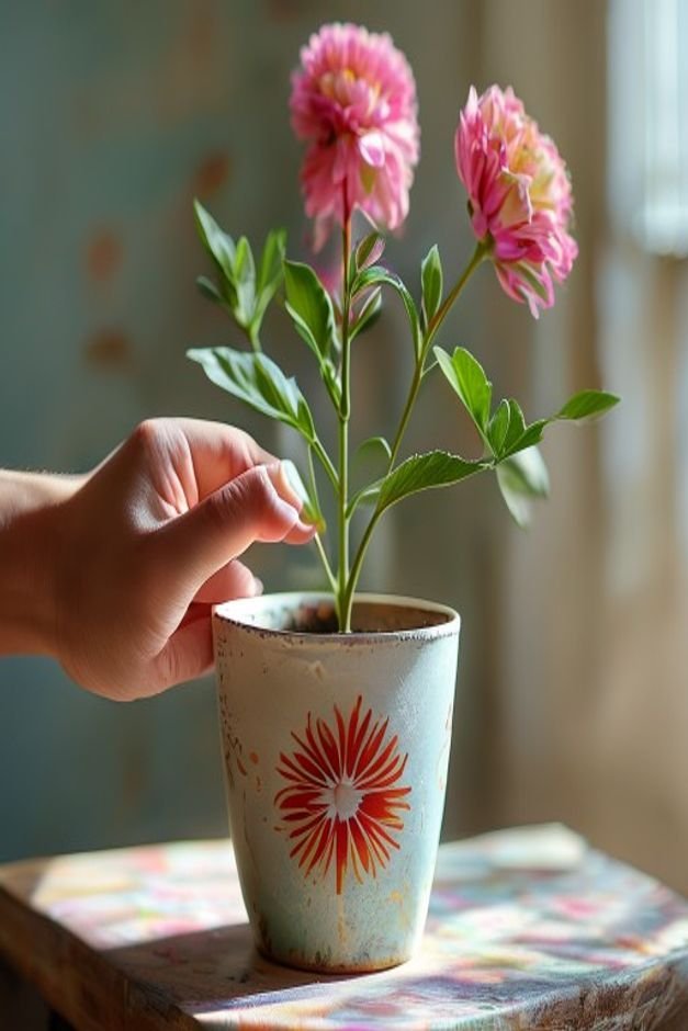 A hand holding a small intricate stencil against a freshly painted flower pot ready to apply a contrasting color The pot