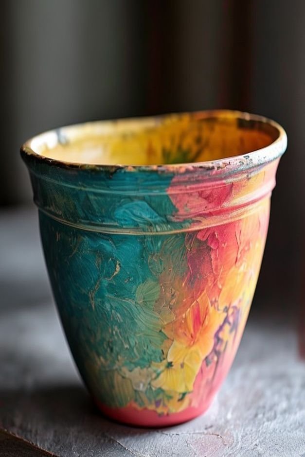 A close-up of the rim of a painted flower pot showcasing a perfectly clean crisp line where two colors meet One color is