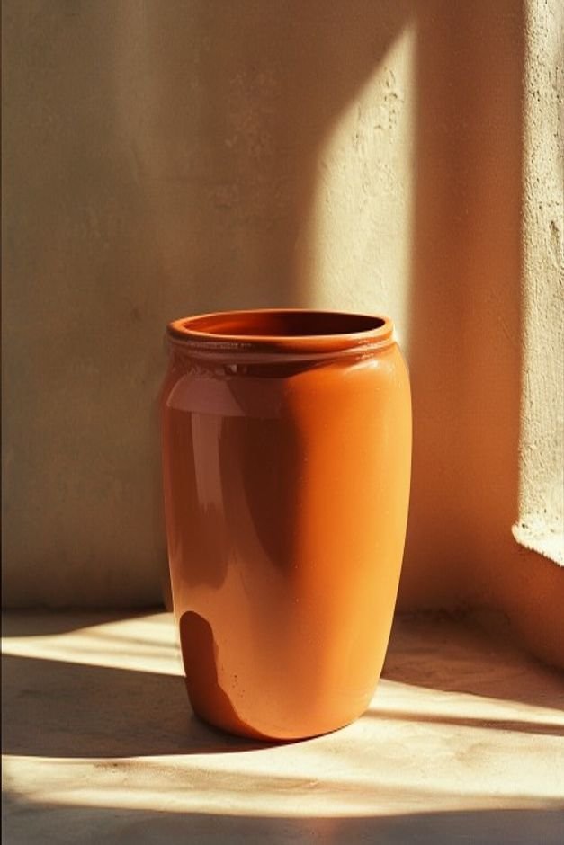 A freshly painted terracotta pot with a rich glossy sealant finish reflecting the sunlight subtly The pot is empty sitti