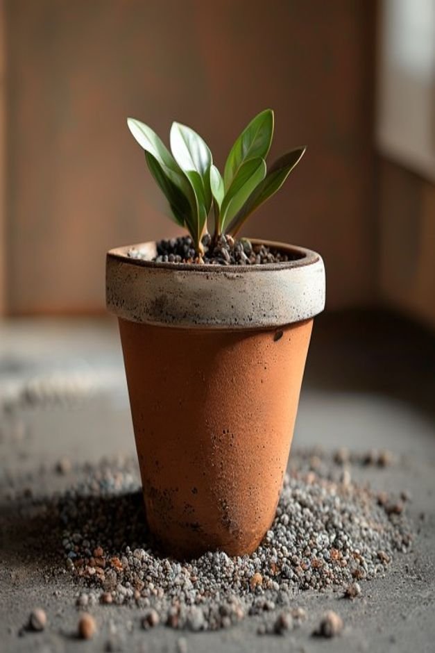 A sturdy well-draining terracotta pot with a visible drainage hole at its base surrounded by a small layer of gravel The