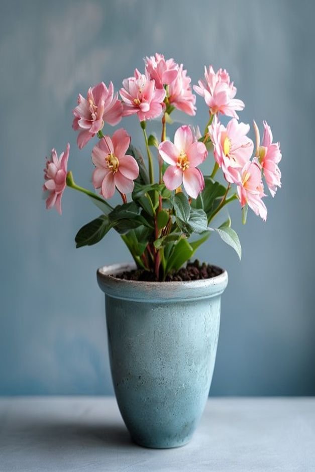 A beautifully painted flower pot in a muted blue-grey holding a vibrant healthy plant with delicate pink flowers The pla