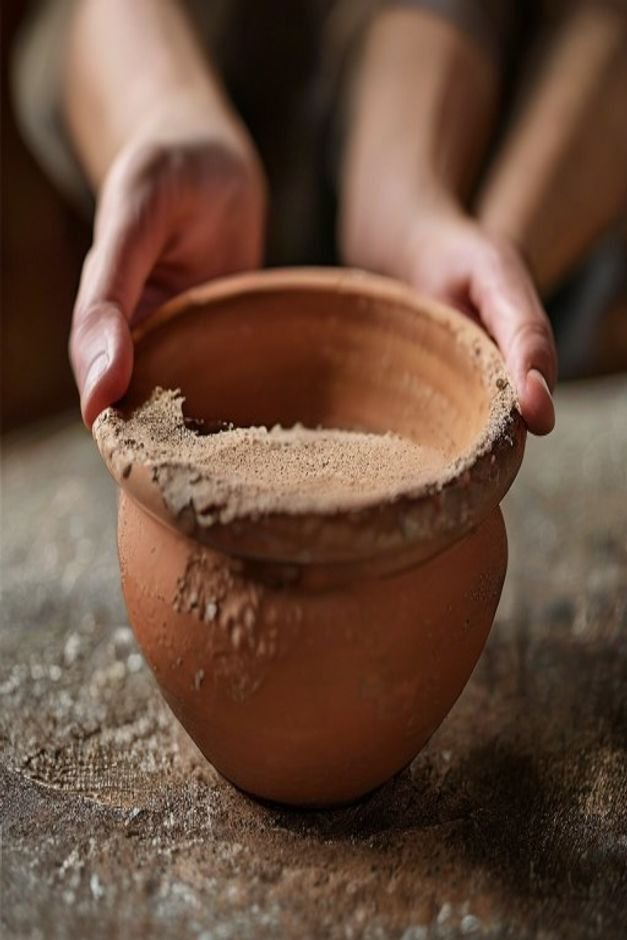 A pair of hands slightly blurred using fine-grit sandpaper to gently smooth the surface of an unpainted terracotta pot o