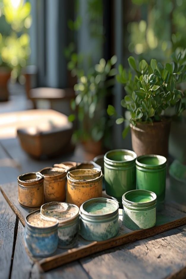 A selection of high-quality outdoor-grade paints in a cohesive color palette e g earthy greens soft blues warm greys arr