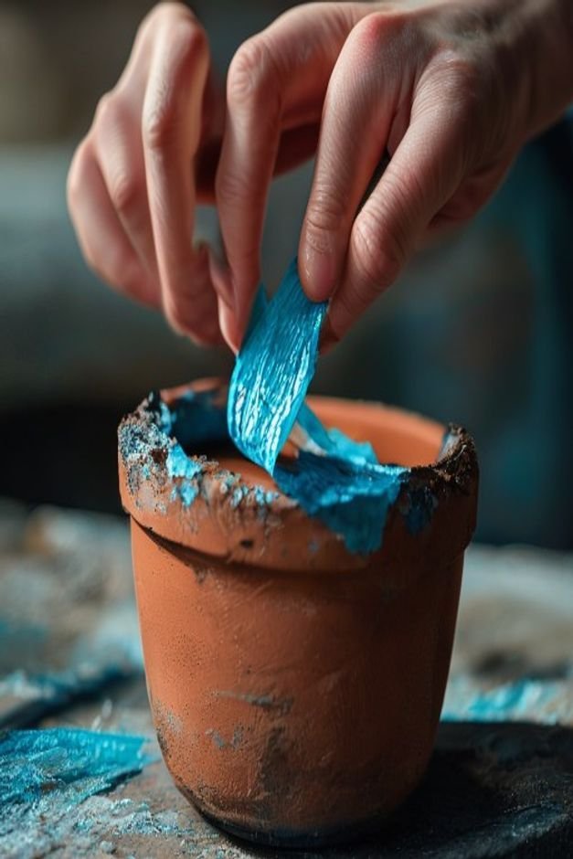 A close-up shot of a hand carefully peeling blue painter s tape from a terracotta pot revealing a perfectly crisp straig