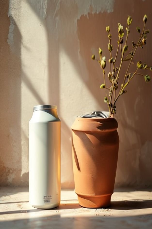 A clear spray sealant can positioned next to a freshly painted and sealed terracotta pot with a beautiful even matte fin