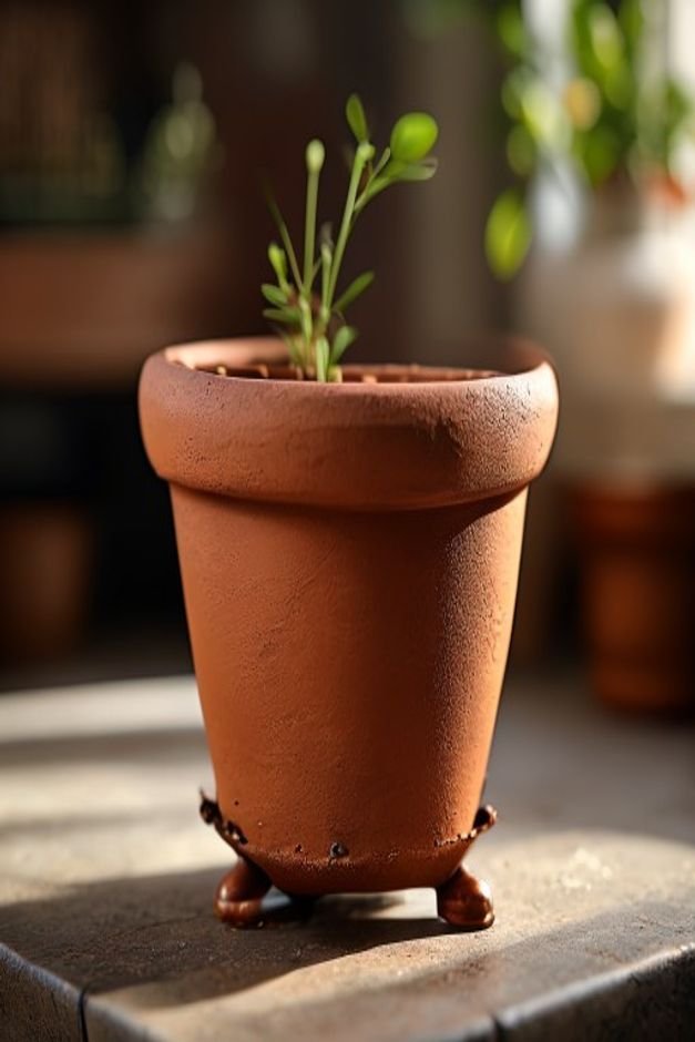 A close-up of a terracotta pot with small decorative metal feet attached to its base raising it slightly The pot is pain
