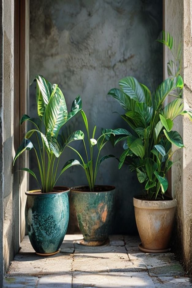 A beautifully composed vignette of two or three potted plants on a stone patio One pot is a hand-painted deep teal holdi