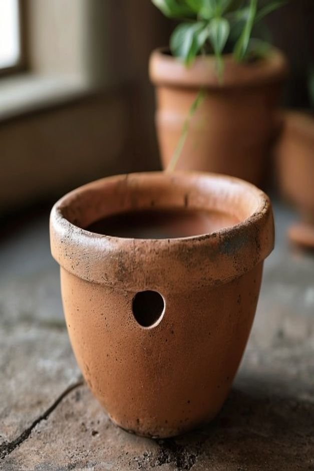 A close-up shot of the bottom of a newly painted terracotta pot clearly showing a well-drilled drainage hole A small dri