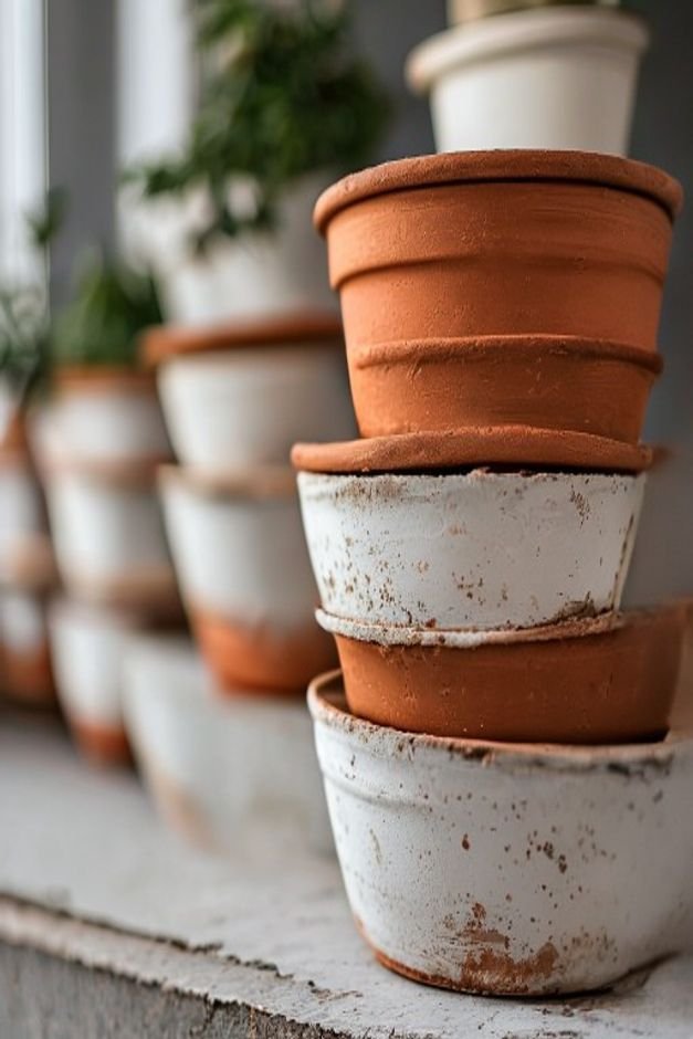 A close-up shot of a stack of new unpainted terracotta pots some already cleaned and primed white neatly arranged on a r