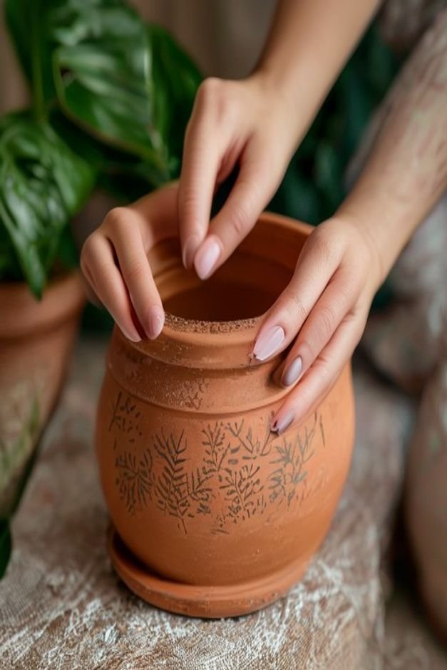 Hands clean natural nails carefully applying a stenciled botanical pattern onto a terracotta pot with a small precise br