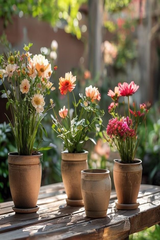A collection of three distinct finished flower pots artfully arranged on an outdoor garden table One pot is subtly wrapp