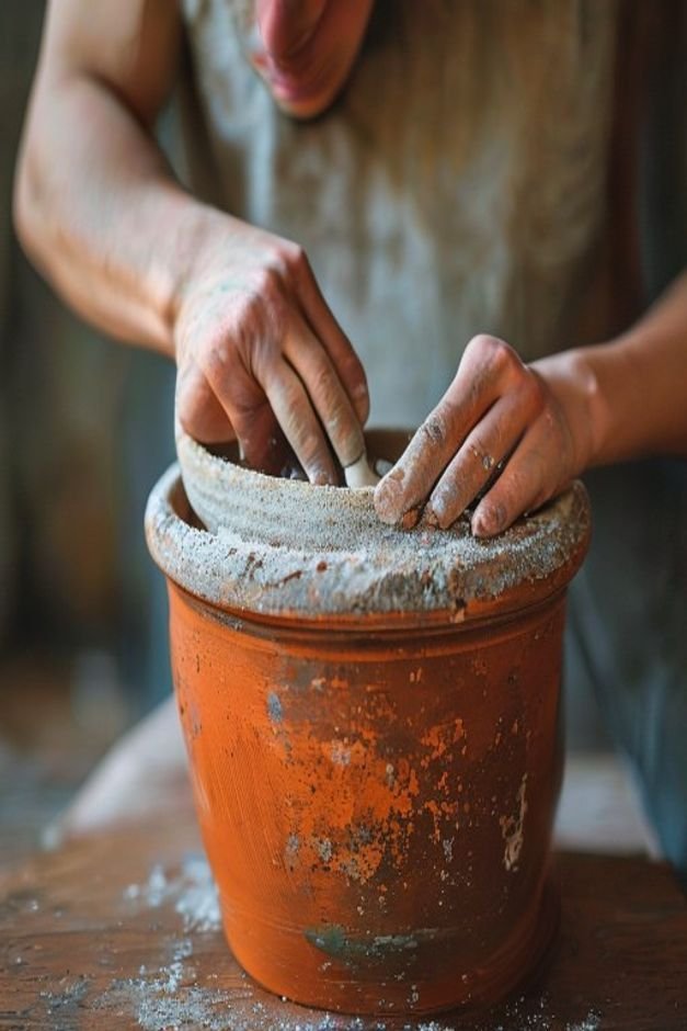 A person gently sanding the rim of a freshly painted terracotta pot with fine-grit sandpaper creating a subtle distresse