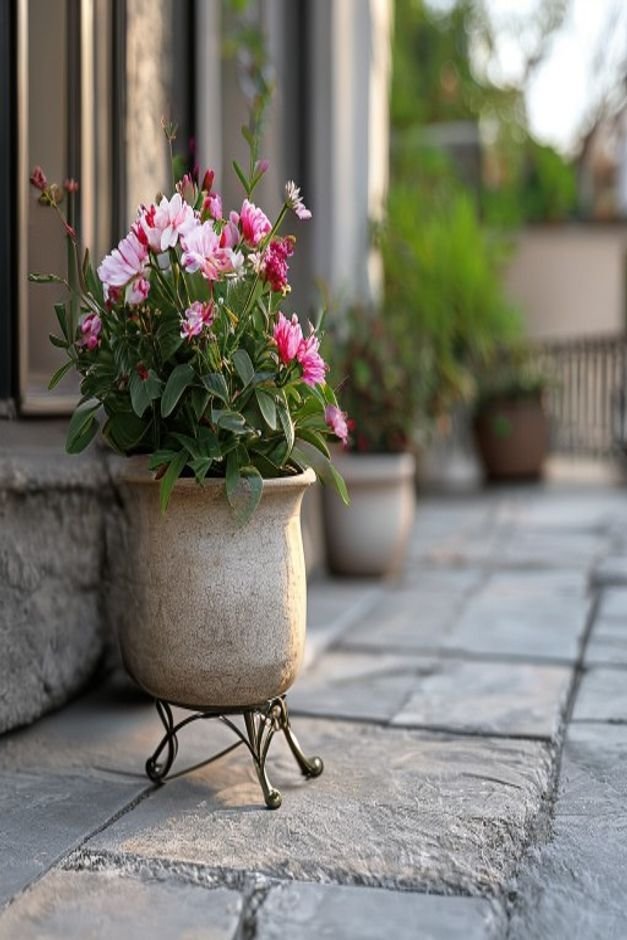 A beautifully crafted flower pot resting on elegant small decorative metal feet on a smooth grey stone patio Nearby anot