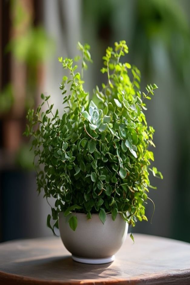 A perfectly proportioned plant such as a compact succulent arrangement or a graceful trailing ivy styled within a though