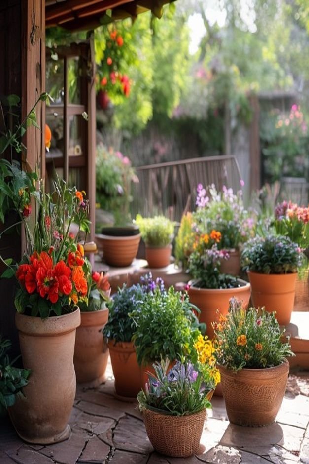 A wider shot of a charming garden corner or cozy patio vignette showcasing several finished flower pot crafts filled wit