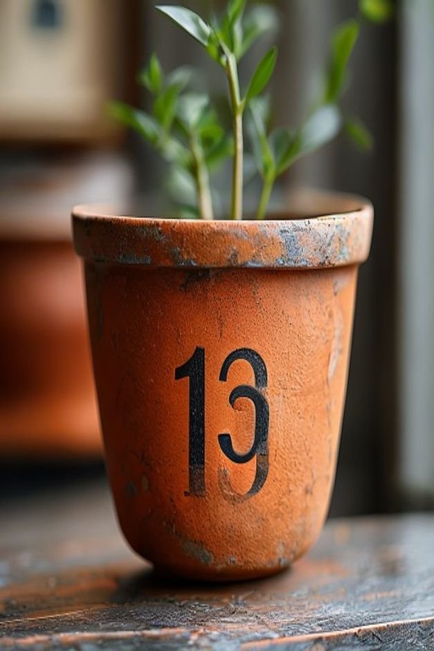 A close-up slightly elevated shot of a terracotta pot painted with a contrasting number 123 house number in a clean sans