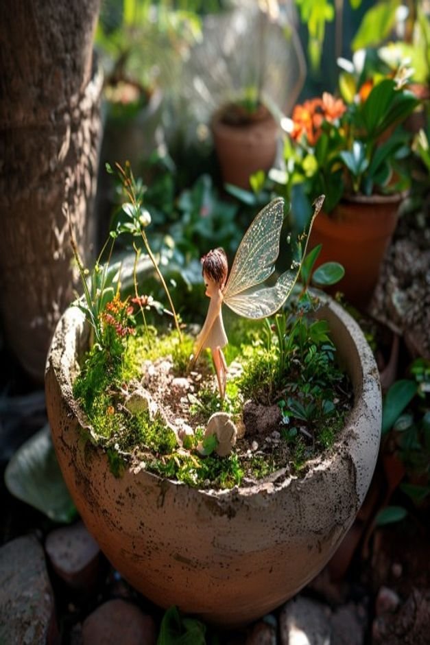 A wide slightly aerial shot of a small whimsical fairy garden built inside a large shallow unglazed terracotta pot Minia