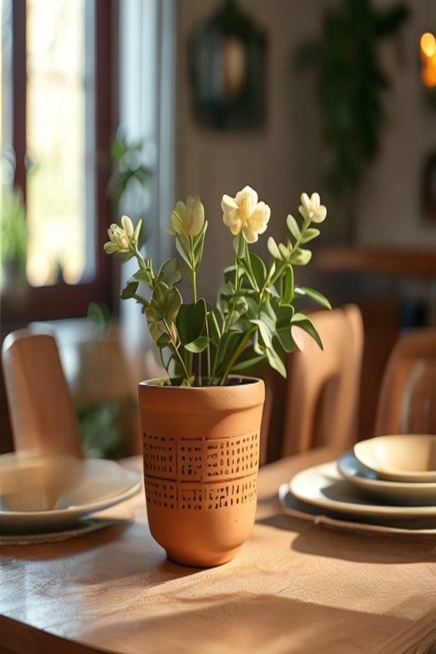 A cozy centerpiece on a dining table A medium-sized terracotta pot decorated with simple block printing in an earthy ton